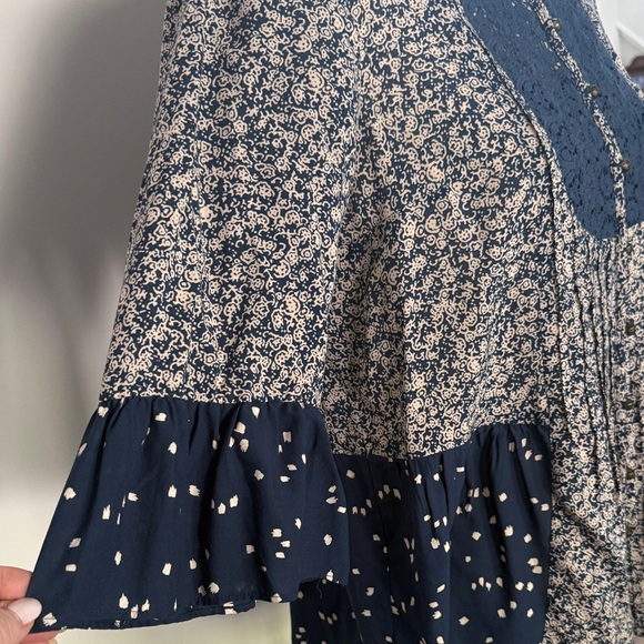 Anthropologie Navy and White Mixed-Print Crochet Yoke Blouse - Picture 3 of 9